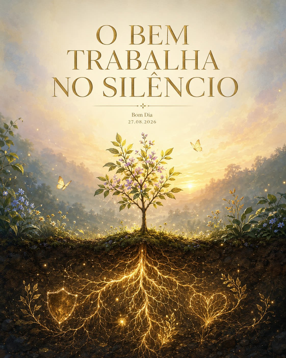 Uma árvore florida ao amanhecer, com raízes douradas e luminosas crescendo debaixo da terra — o bem trabalha em silêncio
