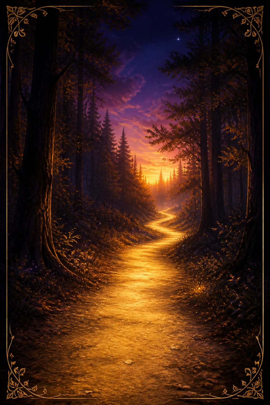 Um caminho dourado se estendendo por uma floresta mística ao entardecer — enquanto você percorre o caminho, o caminho também percorre você